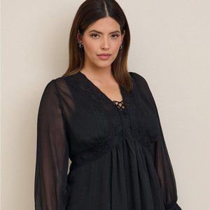 Torrid Babydoll Crinkle Lurex Chiffon Crochet Lace-Up Top